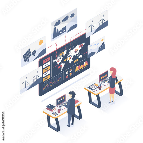 Concept of alternative Energy Sources.  Problems of earth ecology. Atmospheric pollution. Ecology Research of the Earth. Vector illustration.