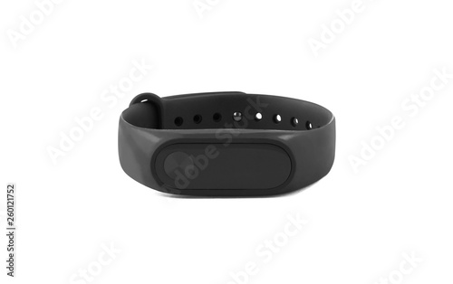 Black fitness bracelet or tracker isolated on white background. Front view of sport equipment