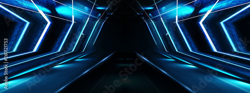 Abstract blue background with lines and rays of neon light. Reflection in space of symmetry. Abstract tunnel in motion.