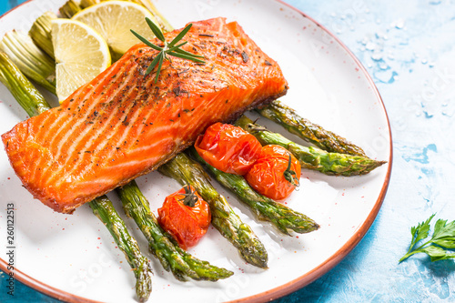 Grilled salmon fish fillet with asparagus.