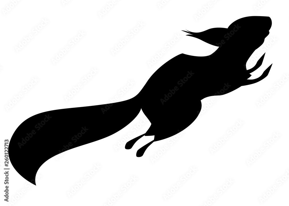 Black silhouette. Cute little squirrel jumping up. Side view. Cartoon animal character design. Flat vector illustration isolated on white background