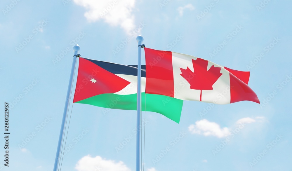 Canada and Jordan, two flags waving against blue sky. 3d image