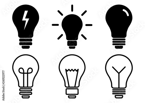 Set of light bulb icons, different lamp. Flat and outline design. Vector illustration