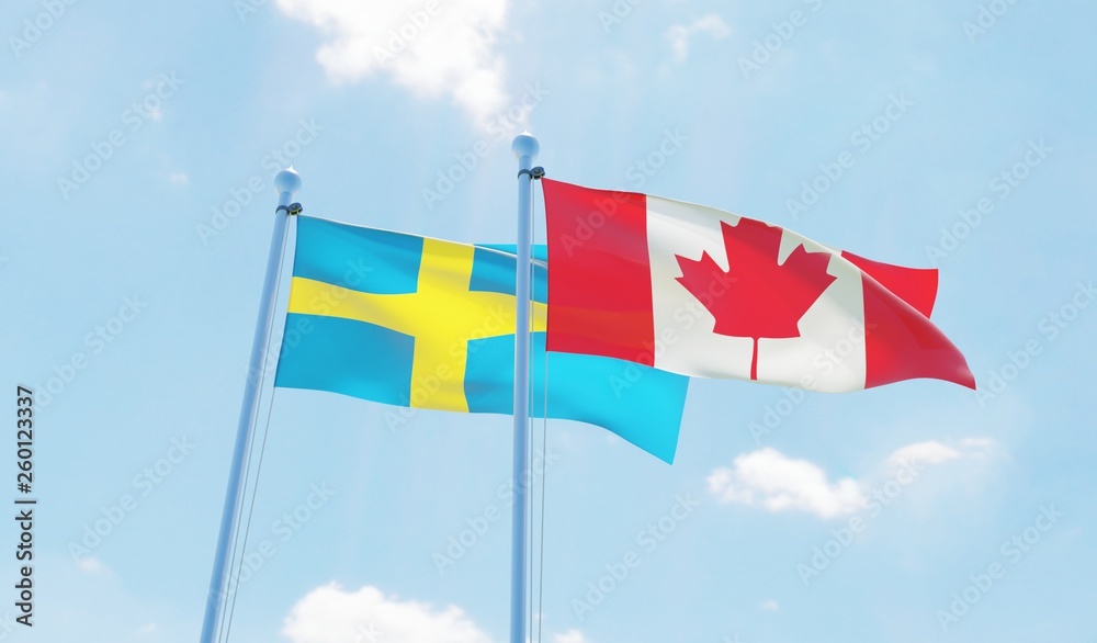 Canada and Sweden, two flags waving against blue sky. 3d image