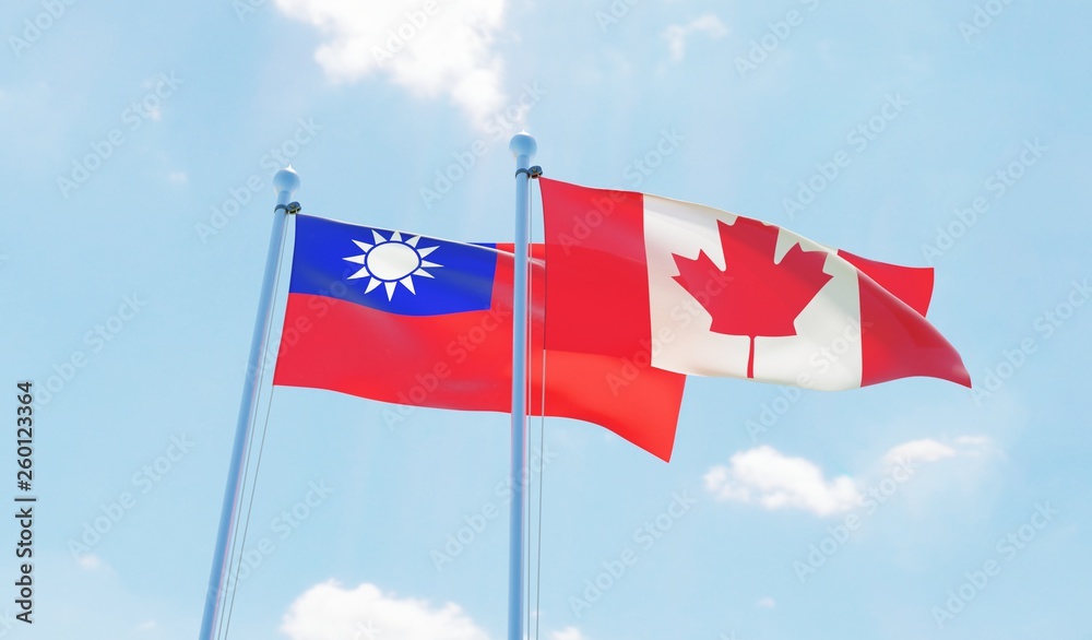 Canada and Taiwan, two flags waving against blue sky. 3d image