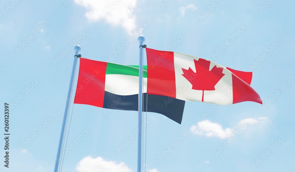 Canada and UAE, two flags waving against blue sky. 3d image