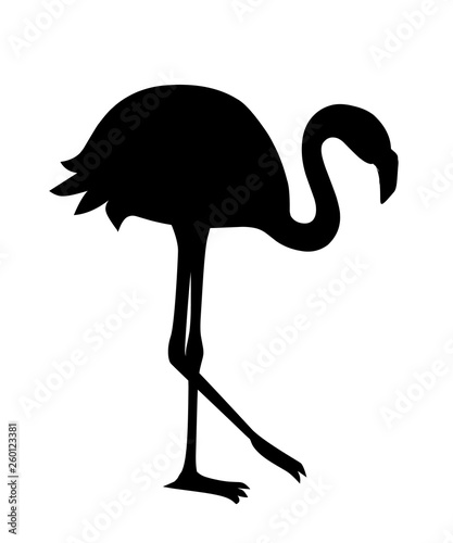 Black silhouette. Cute animal  peach pink flamingo. Cartoon animal character design. Flat vector illustration isolated on white background. Flamingo standing on one leg