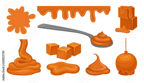  aramel products on white background. Toffee concept.