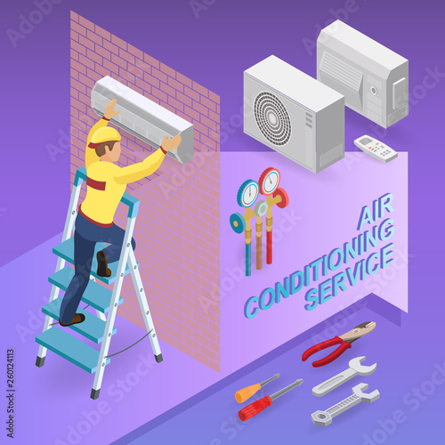 Air conditioning service. Isometric concept. Worker, equipment.