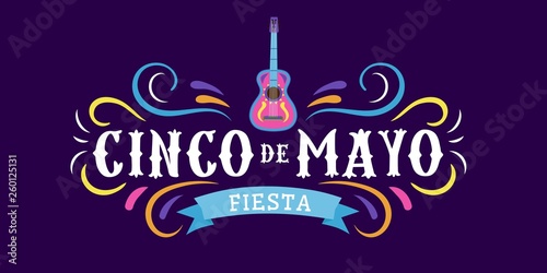 Mexican holiday card Cinco de Mayo 5 may. Decorative and traditional mexican elements guitar, sombrero. Mexican symbols. Vector greeting card