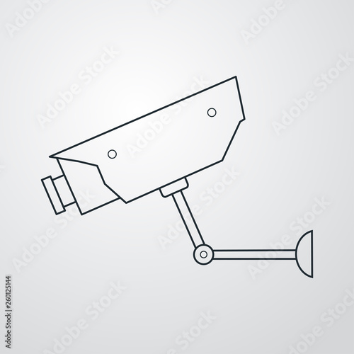 Icono plano lineal cámara de vigilancia en fondo gris