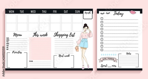 Weekly planner design with fashion elements and young women. Vector illustration