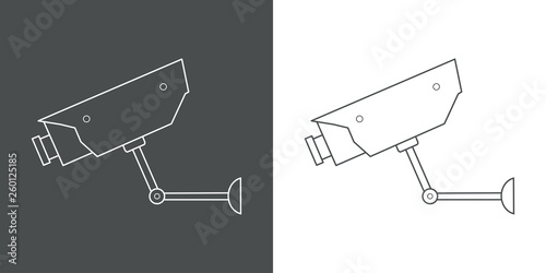 Icono plano lineal cámara de vigilancia en gris y blanco