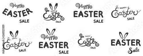 Set of hand sketched Happy Easter sale text as Pascha logotype, icon and bange. Drawn card, poster, invitation, banner template lettering typography.