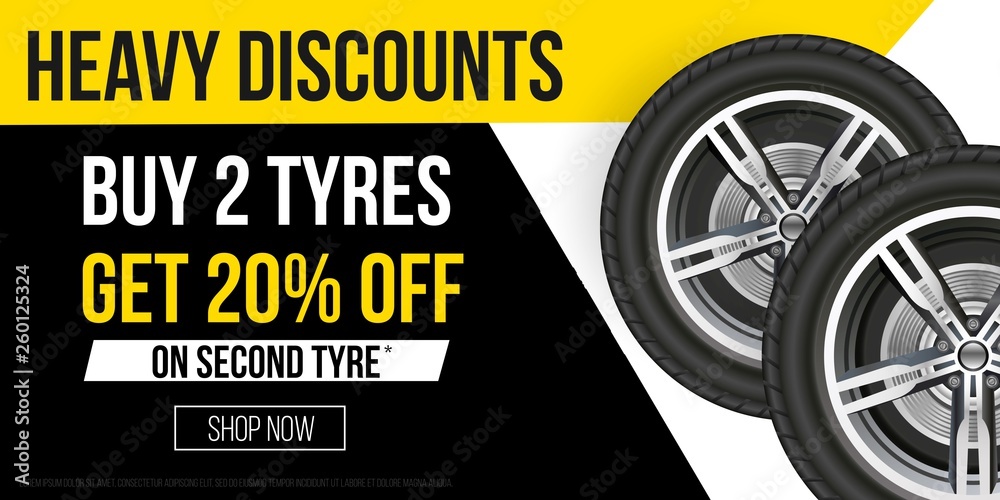 Car tyres promotion banner. Realistic tyres with promo text for flyers
