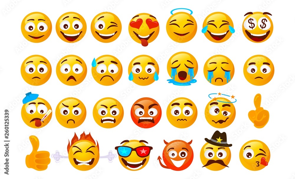 Set of smiley emoticons. Vector faces with different emotions isolated on white background. Vector smileys face Set of smiley emoticons. Vector faces with different emotions isolated on white background. Vector smileys face