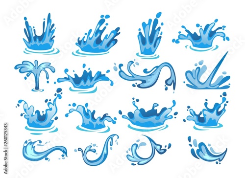 Water splash cartoon set. Colorful water arch, drops, whirls, waves. Water motion collection isolated on white background. Vector illustration.