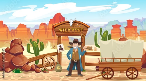 Wild west cartoon illustration with cowboy, skull, wanted poster and mountains. Vector western illustration