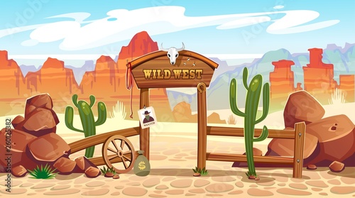 Wild west cartoon illustration with cowboy, skull, wanted poster and mountains. Vector western illustration