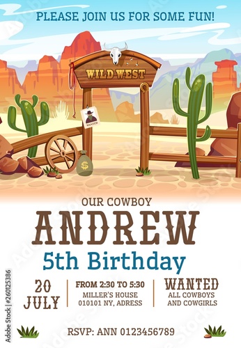 Wild west Birthday party invitation design template. Western poster concept for invitations, greeting cards etc. Cartoon wild west illustration
