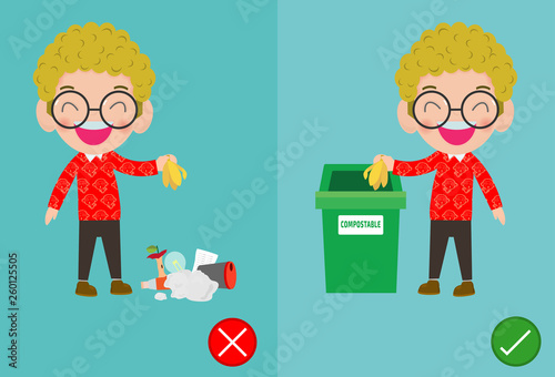 Do not throw littering butts on the floor,wrong and right, male character that tells you the correct behavior to recycle.vector illustration