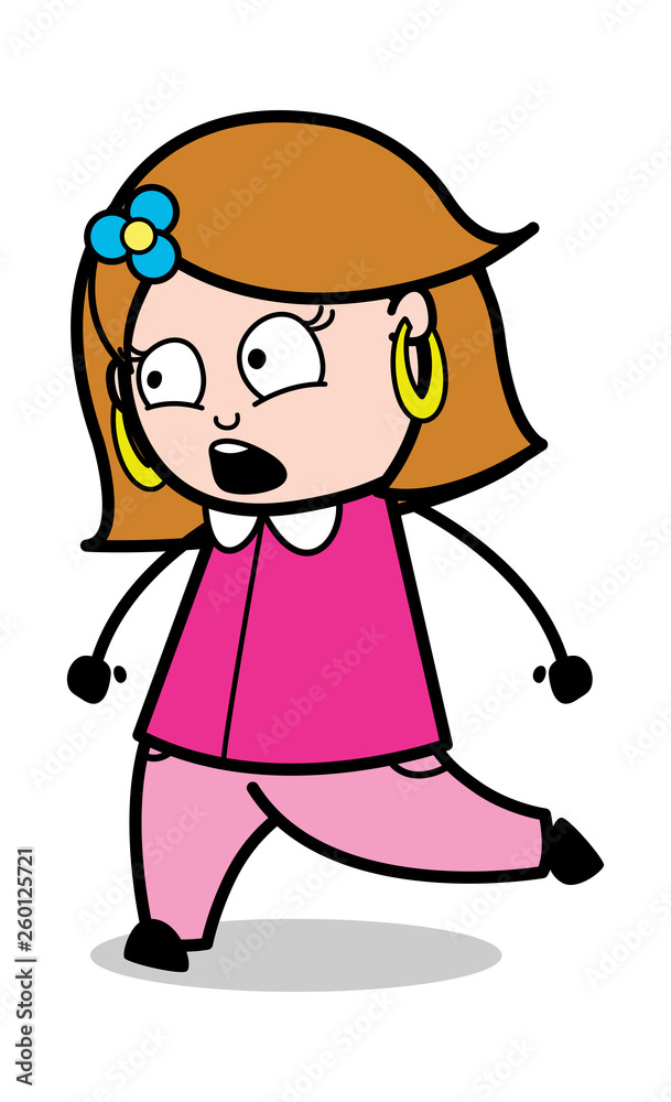 Running - Retro Cartoon Female Housewife Mom Vector Illustration