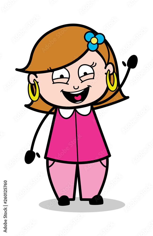 Calling by Hand Gesture - Retro Cartoon Female Housewife Mom Vector Illustration