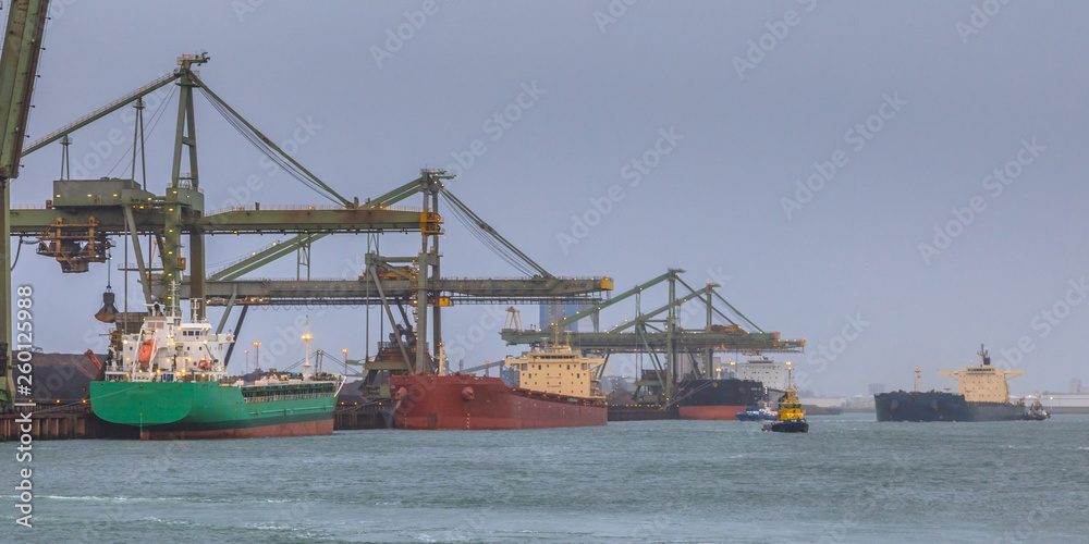Nautical bulk carrier ships in harbour