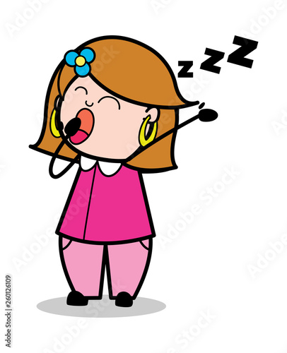 Yawning - Retro Cartoon Female Housewife Mom Vector Illustration