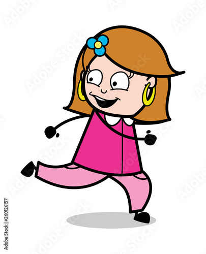 Looking Behing While Running - Retro Cartoon Female Housewife Mom Vector Illustration