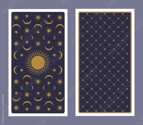 Back of Tarot card decorated with stars, sun and moon