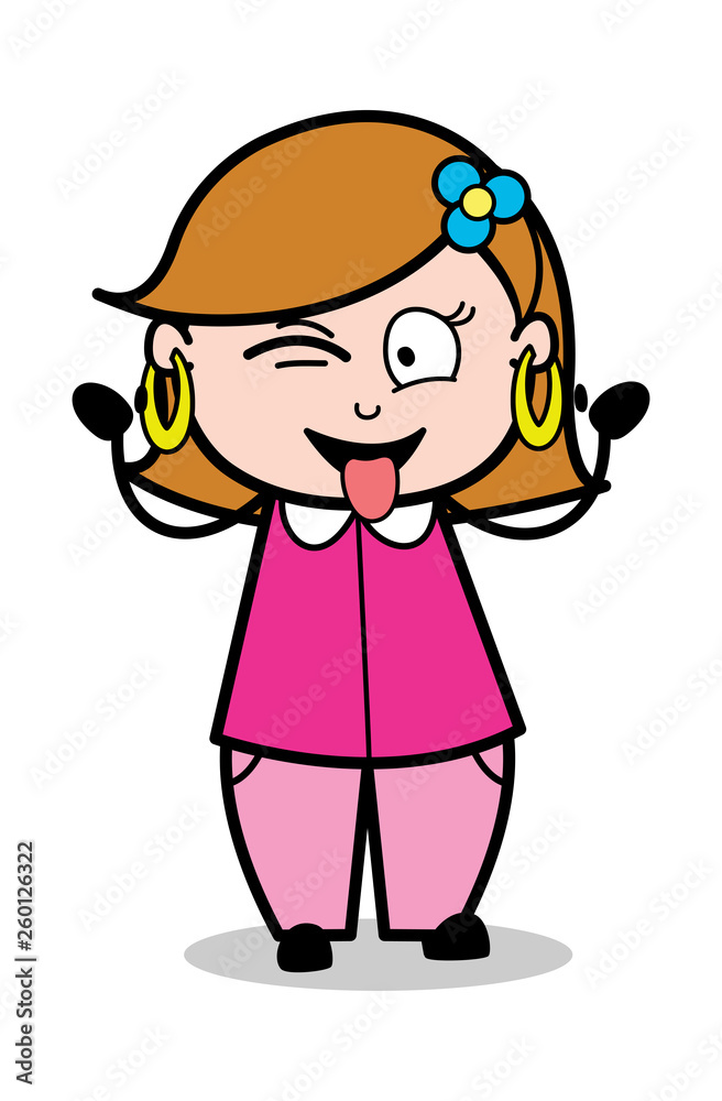 Winking Tongue Out - Retro Cartoon Female Housewife Mom Vector Illustration Winking Tongue Out - Retro Cartoon Female Housewife Mom Vector Illustration
