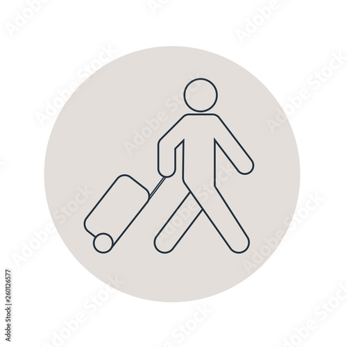 Icono plano lineal turista con maleta en círculo color gris