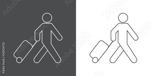 Icono plano lineal turista con maleta en gris y blanco