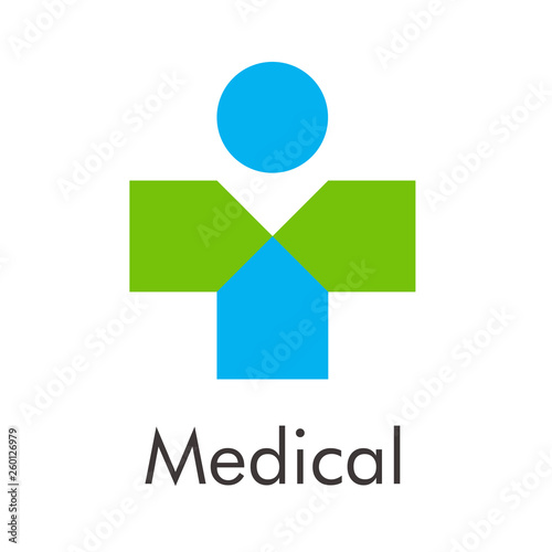 Logotipo abstracto con texto Medical con cruz con círculo en verde y azul