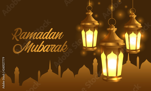hanged group 3D golden realistic fanous arabic lantern lamp with silhouette mosque banner