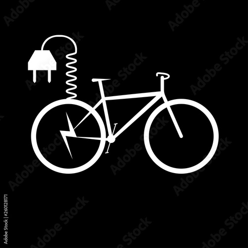 White bicycle and electrical plug for charging the bicycle on black background - vector illustration