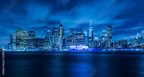 Manhattan panoramic skyline at night. Office buildings and skyscrapers. Manhattan, New York City, USA..