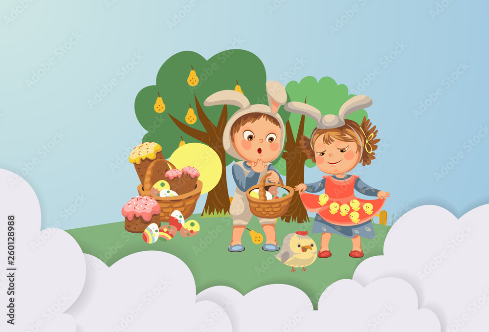 little girl smile holding in her dress chickens, baby in apron with rabbit ears headband, happy boy easter bunny mask for costume holding basket for hunting eggs vector illustration isolated on white little girl smile holding in her dress chickens, baby in apron with rabbit ears headband, happy boy easter bunny mask for costume holding basket for hunting eggs vector illustration isolated on white