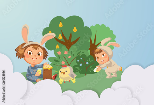 little girl smile playing with chickens under flowers bush  baby in apron with rabbit ears headband  easter bunny mask for costume vector illustration  spring holiday fun isolated on white