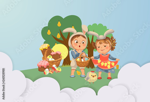 little girl smile holding in her dress chickens, baby in apron with rabbit ears headband, happy boy easter bunny mask for costume holding basket for hunting eggs vector illustration isolated on white