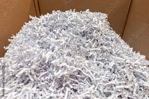 Paper recycle concept,white shredded paper documents to recycle in the cardboard box