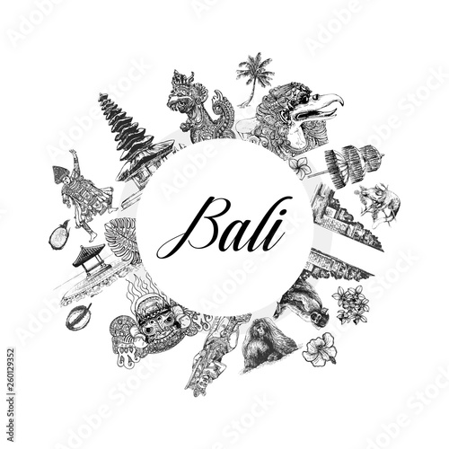 Composition of hand drawn sketch style Bali themed objects isolated on white background. Vector illustration.