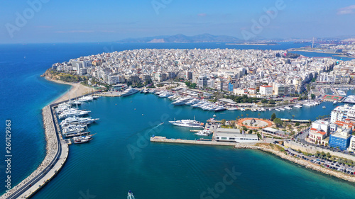 Fototapeta Naklejka Na Ścianę i Meble -  Aerial photo of iconic port of Marina Zeas with boats docked, port of Piraeus , Attica, Greece