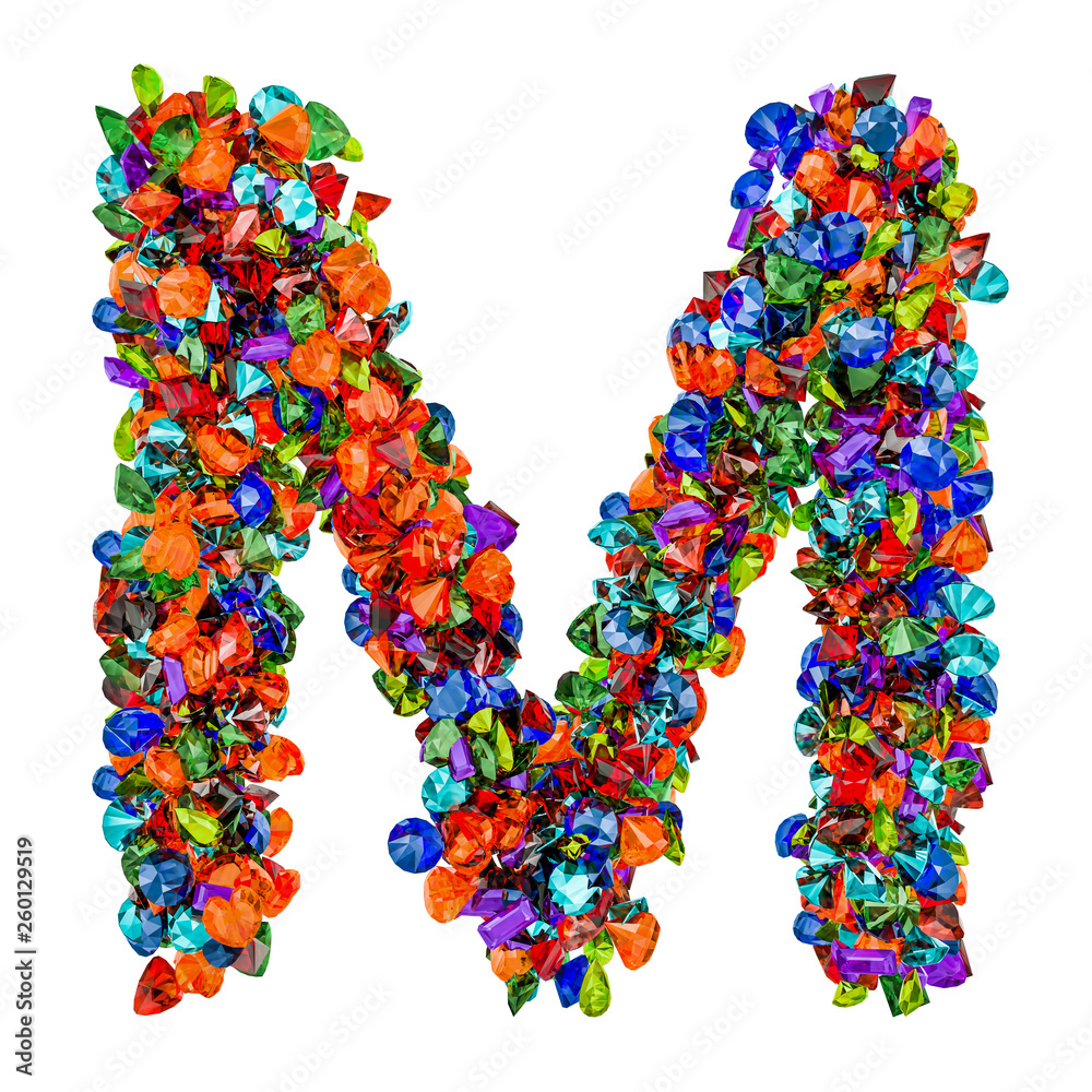 Letter M from colored gemstones. 3D rendering