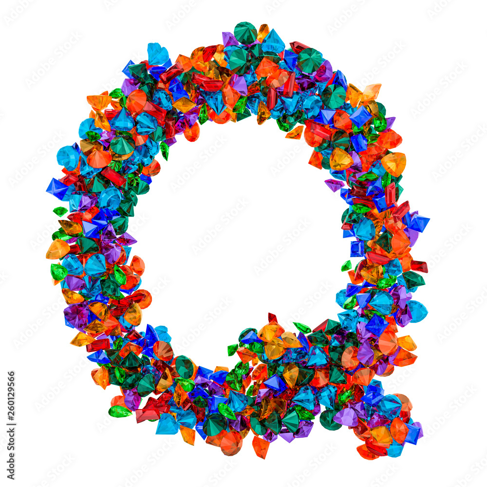 Letter Q from colored gemstones. 3D rendering