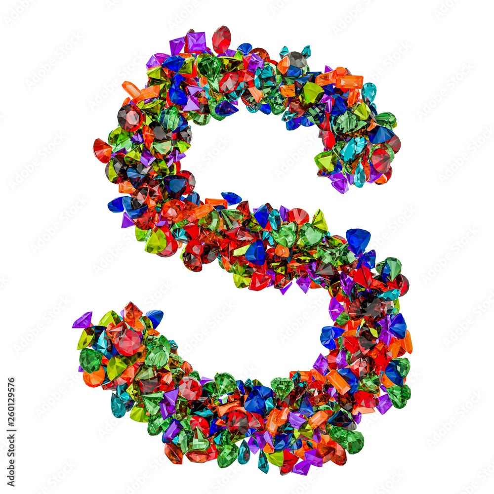 Letter S from colored gemstones. 3D rendering