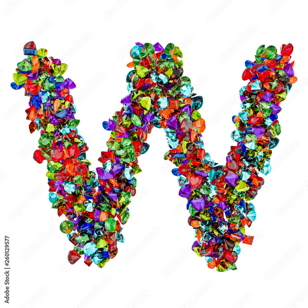 Letter W from colored gemstones. 3D rendering