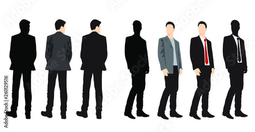 Set of silhouettes man standing, cartoon character, business people in black and colorful clothes, vector silhouettes and flat designe icon isolated on white
