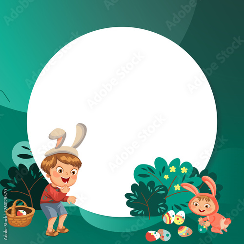 Little boy smile hunting decorative chocolate egg under brush in easter bunny costume with ears and tail, vector illustration, spring holiday fun, isolated on white, paschal basket for eggs hunter